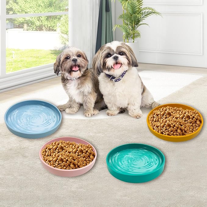 Silicone Dog Bowl Shallow Cat Food Bowls 7" Wide Puppy Plates Whisker Fatigue Pet Feeding Dishes Set of 2 for Dry and Wet Food Indoor (Round Blue)