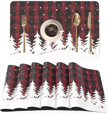 QIYI Christmas Placemats Set of 6, 12x18 Inch Faux Leather Place Mats for Kitchen Dinning, Heat Resistant Anti Slip Winter Table Mats, Waterproof Wipeable Placemat Party Table Décor, Red Buffalo Plaid