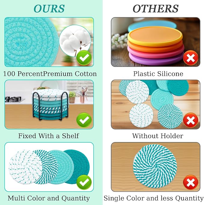 8 Pcs Drink Coasters with Holder, Minimalist Cotton Woven Coaster Set, 4 Colors - Image 2