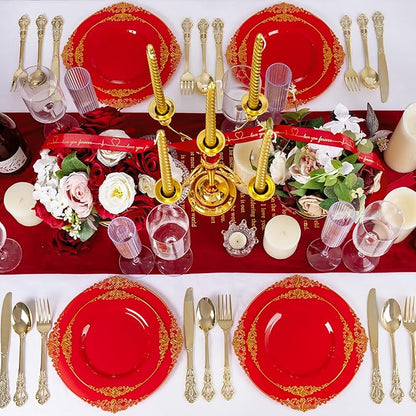 102PCS Red and Gold Plastic Plates - Red Plates Disposable - Vintage Plastic Plate with Gold Rim Include 51PCS Dessert & 51PCS Dinner Plate Perfect for Weddings & Party & Valentine's Day