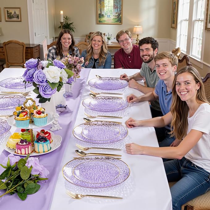 Rubtlamp 100Pcs Plastic Purple Dinner Plates, Heavy Duty 10 Inch Gold - Image 7