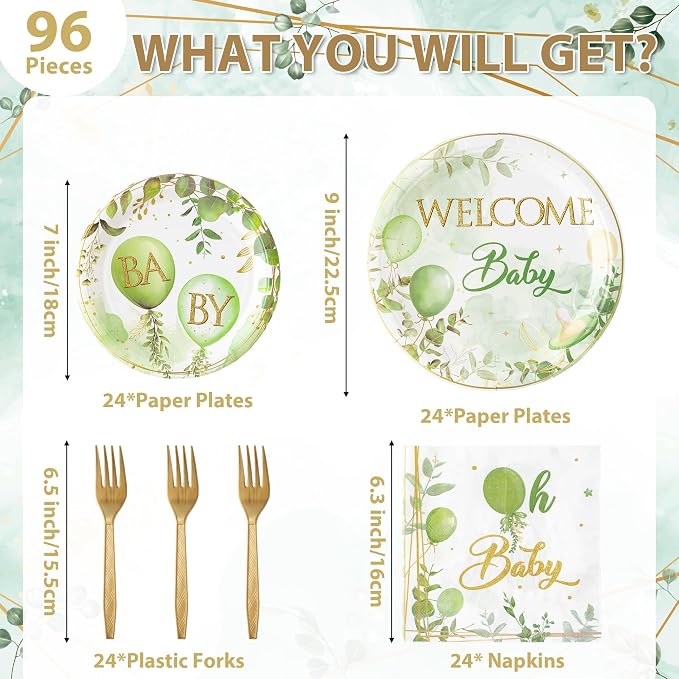 96Pcs Welcome Baby Greenery Baby Shower Sage Green Balloon Party Plates - Image 2
