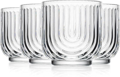 Glaver's Vintage Glassware Art Deco Glasse Ribbed Drinking Glasses U-Shape Arch Design Colored Cocktail Kitchen Tumblers Everyday Dinner Decorative Party (Clear S/4 11oz)