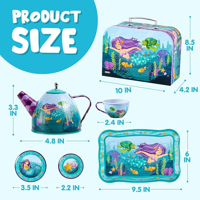 JOYIN Mermaid Tea Party Set for Little Girls, Pretend Tin Teapot Set, Princess - Image 6