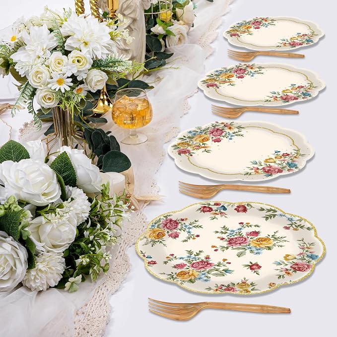 96 Pieces Vintage Floral Tableware Set – Disposable Paper Plates, and Forks - Image 4
