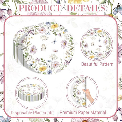 50PCS Watercolor Floral Paper Placemats - Disposable Table Mats for Wedding/Brunch/Party Decor, Elegant Flower Wreath Design, Oil-Resistant & Eco-Friendly Table Setting Supplies
