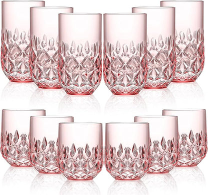 Acrylic Drinking Glasses Set of 12 Pink Mixed Drinks Glassware Unbreakable Palstic Tumbler and Rocks Glass Set 6pcs 18oz Highball and 6pcs 12 oz Cocktail Glasses for Cocktail Iced Coffee Beer Whiske
