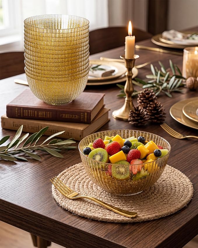 bUCLA 12 PCS Plastic Cereal Bowls Set - 28 Oz Gold Glitter Disposable Vertical - Image 7