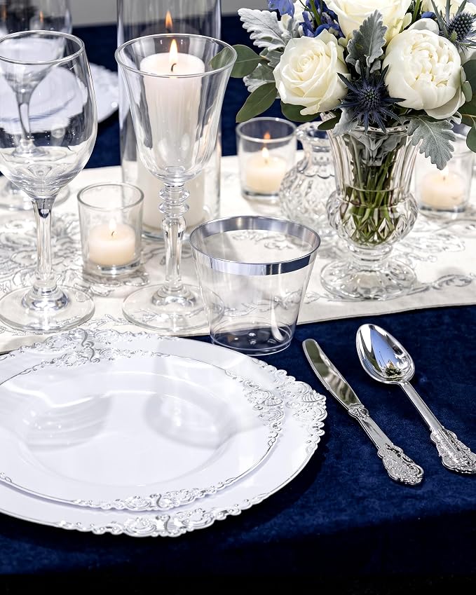 100pcs White Silver Plastic Plates - Image 3