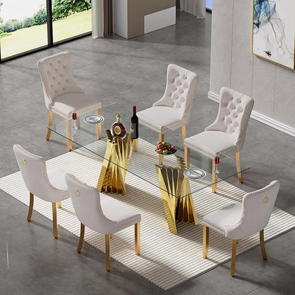 7 Piece Glass Dining Table Set,70" Dinner Room Glass Table Set for 6,Modern Kitchen Dinner Table Set with Stainless Steel Base and 6 Upholstered Velvet Dining Chairs for Living Dining Room