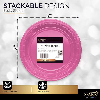 Disposable Paper Plates Bright Pink, 7 Inch Paper Dessert Plates, Strong and Sturdy Disposable Plate for Party, Dinner, Holiday, Picnic, or Travel Party Plate, Pack of 50
