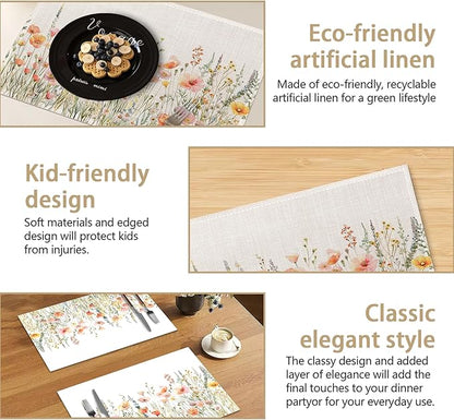 Placemats, Wild Flowers Herbs Botanical Placemats 12x18 Inch Waterproof Non-Slip Washable Table Mats for Kitchen Dining Party Table Decor,Set of 6