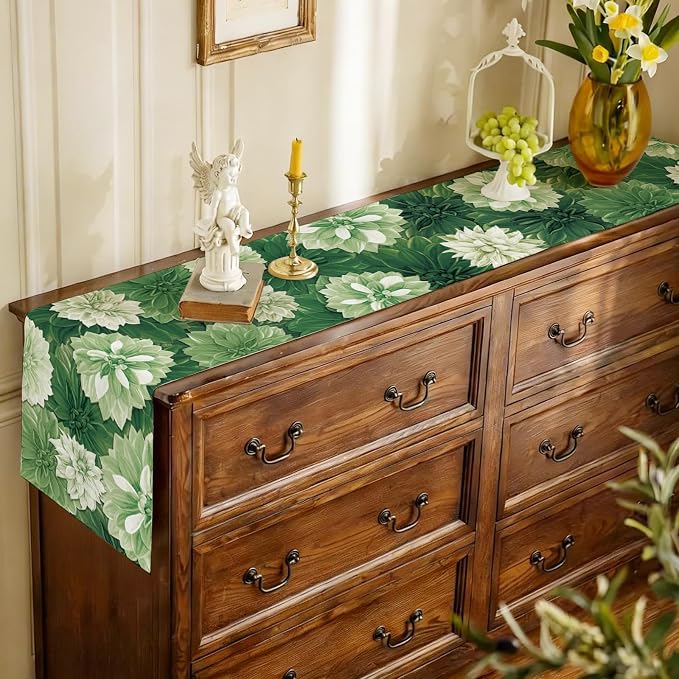 Green Dahlia Flower Table Summer Runner Sage Green Burlap Table Runners - Image 5
