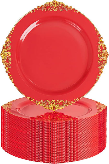 Nervure 100PCS Red and Gold Plastic Plates - 10.25inch Red Disposable Plates - Heavyweight Dinner Plate for Wedding & Party