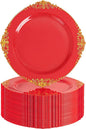 Nervure 100PCS Red and Gold Plastic Plates - 10.25inch Red Disposable Plates - Heavyweight Dinner Plate for Wedding & Party