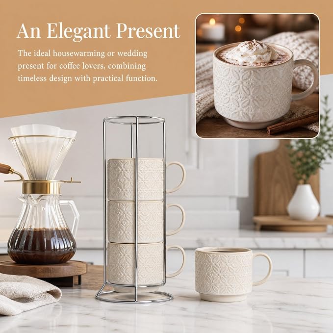 6 Oz Coffee Mugs with Stand, Stackable Ceramic Espresso Cups Set of 4, Embossed - Image 5