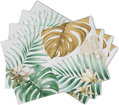Giwawa 4PCs Tropical Palm Leaf Placemats Summer Green Brown Banana Leaves Decorative Linen Table Mat 12"x18" Hawaiian Monstera Flowers Heat Resistant Washable Place Mats for Kitchen Dining