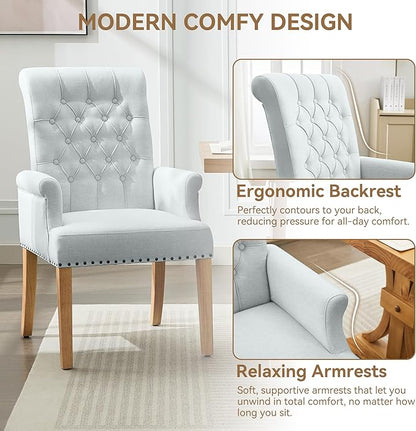 Fabric Dining Chair with Arms, Upholstered Tufted High Back Dining Room Chairs, Accent Armchair with Solid Wood Leg and Nailhead Trim, Kitchen Dining Living Room, Sky Blue