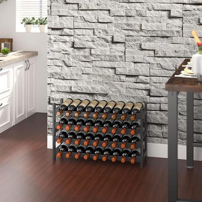 Wine Rack Freestanding Floor, Bamboo 4-Tier 33 Wine Bottle Holder Racks Countertop Cabinet Display, Wooden Stackable Modular Wine Storage Organizer Shelves for Kitchen Bar Cellar Dining Room Black