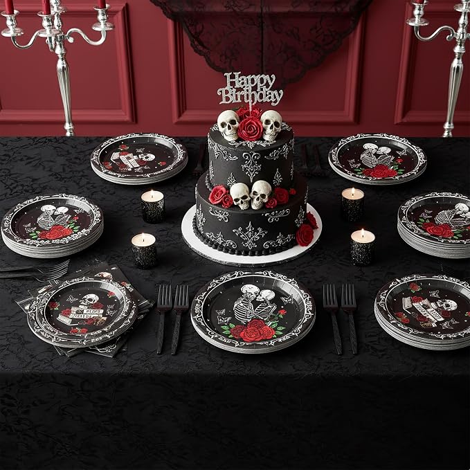 96Pcs Dark Romance Book Lover Skull Rose Black Gothic Party Plates Supplies - Image 5
