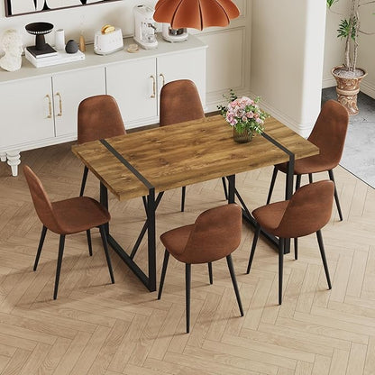 Dining Table Set for 6, Modern 55'' Dark Wood Dining Table and Fabric Dining Chairs Set of 6,Table and Chairs Set of 6,Ideal for Kitchen Dining Room