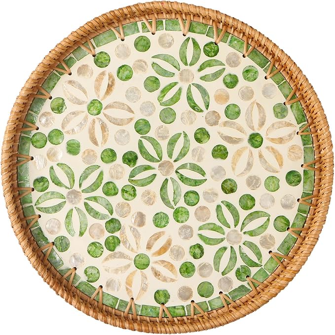 Round Rattan Tray with Mother of Pearl Inlay, Decorative Wicker Serving Tray by Unknown