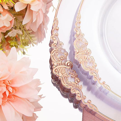 Hioasis 175pcs Clear Rose Gold Plastic Plates - Elegant Disposable Dinnerware Set Suitable for 25 Guests Include 10.25" Dinner & 7.5" Dessert Plates, Cutlery, Napkins, Cups for Party