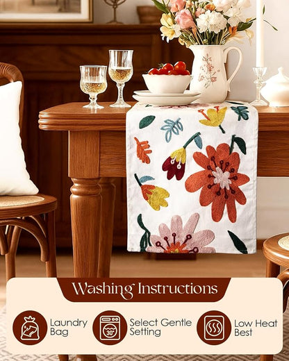 Canvas Embroidered Narrow 13"x 60" Table Runner, Colorful Flower | Exquisite - Image 4