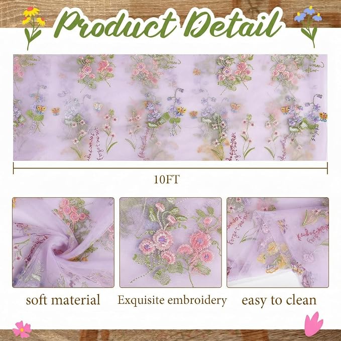 Purple Floral Table Runner 10ft Embroidery Tulle Spring Wildflower Gauze Table - Image 2