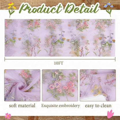 Purple Floral Table Runner 10ft Embroidery Tulle Spring Wildflower Gauze Table - Image 2