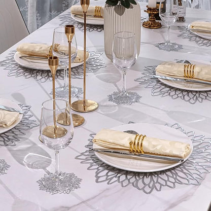 Snowkingdom 18 Pack Silver Placemats Metallic Glitter Vinyl Dinning Table Mats, Decorative Round Leaf Charger Bulk for Winter Thanksgiving Christmas Party Holiday Festive