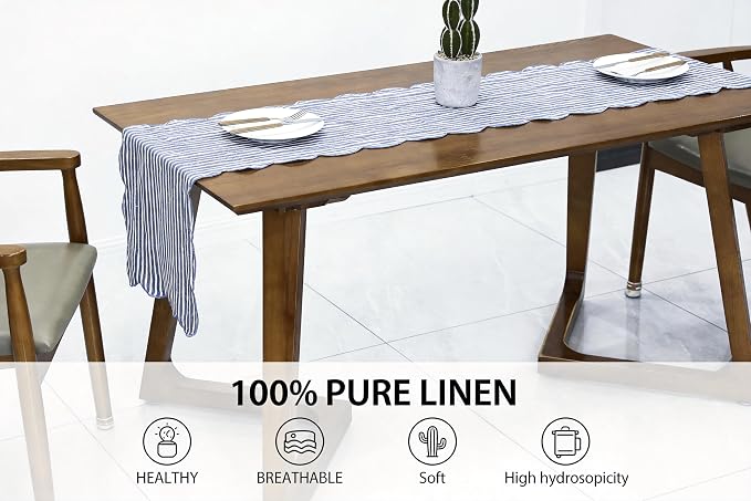 100% Natural Linen Rustic Scalloped Embroidery Table Runner 36 Inches, Linen - Image 2