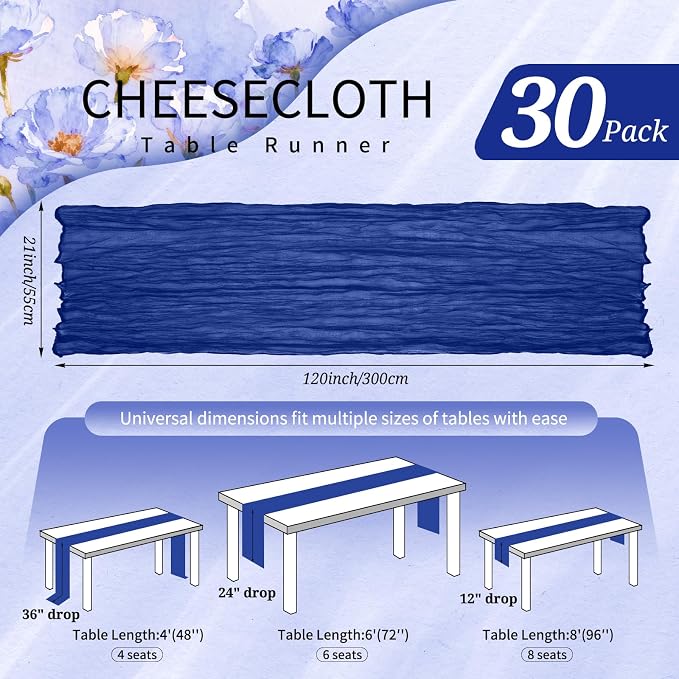 30 Pack Cheesecloth Table Runner 10FT Royal Blue Table Runner Boho Gauze Cheese - Image 2