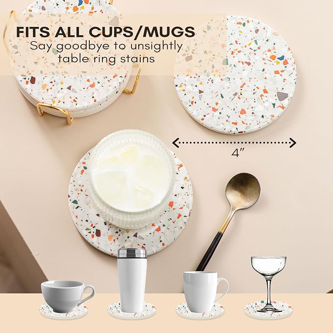 Terrazzo Coasters Set of 6, Colorful Boho Absorbent Ceramic Coasters | Speckled - Image 3