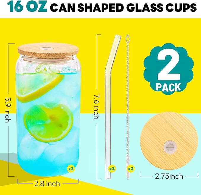 Joyclub Glass Cups with Bamboo Lids and Straws 2 Set 16 oz Reusable Iced Coffee - Image 2