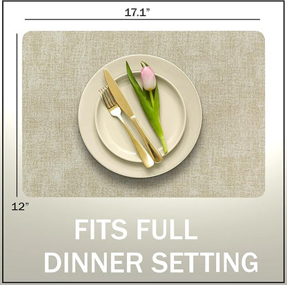 More Décor Faux Leather Placemats Set of 6 for Dining Table – Waterproof, Wipeable, Washable, Stain & Heat Resistant, Non-Slip Table Mats – 12 X 17 Inch, Beige