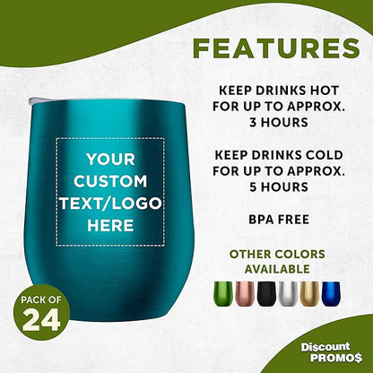 Custom Stemless Wine Glass Tumblers with Lids by Largo 11 oz. Set of 24, Personalized Bulk Pack - Perfect for Wine, Cocktails, Other Hot & Cold Beverages - Teal