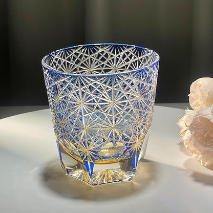 suigetsu Edo style Color Hand Cut Crystal Glass Tumbler Whisky Gass 11 Oz Glassware with Luxury Gift Box,Cocktail-Vodka-Beer Drinkingware Glasses In Gift Carton (Blue Daisy)