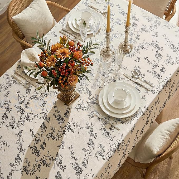 jinchan Black Farmhouse Floral Linen Rectangle Table Cloth 52 x 70 Inch | - Image 4