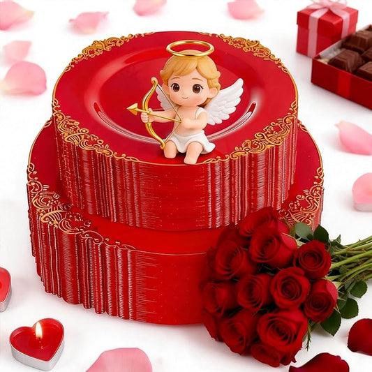 102PCS Red and Gold Plastic Plates - Red Plates Disposable - Vintage Plastic Plate with Gold Rim Include 51PCS Dessert & 51PCS Dinner Plate Perfect for Weddings & Party & Valentine's Day