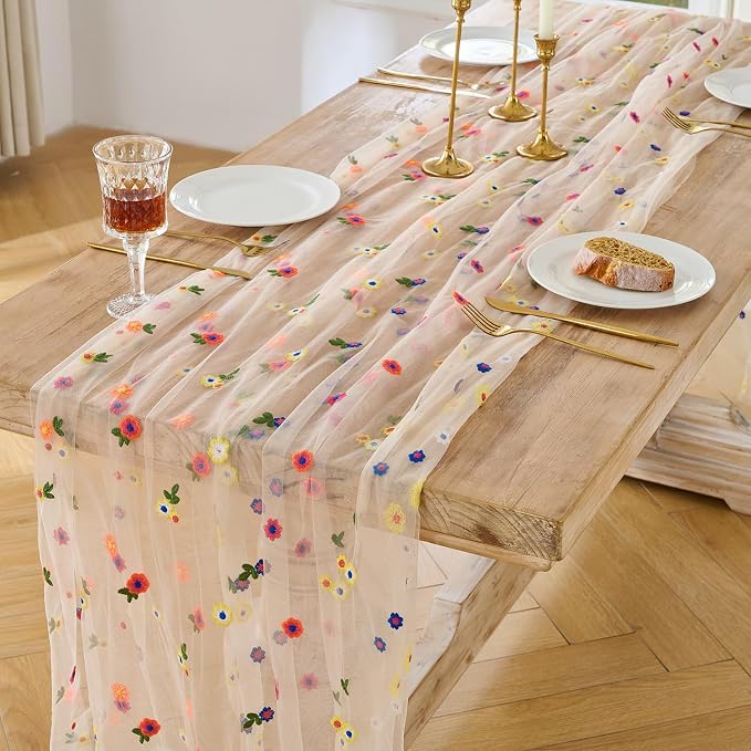 BINBE 1pcs Champagne Daisy Spring Table Runner Embroidery Gauze 10FT Florals - Image 2