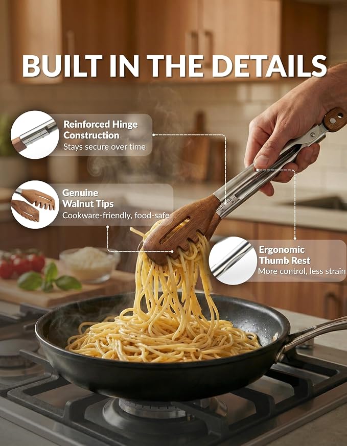 3-in-1 Kitchen Tongs & Pasta Server – 12 Inch Walnut Multifunction Tongs - Image 2