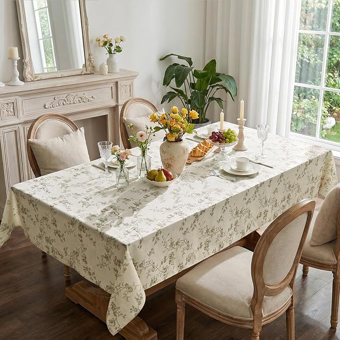 jinchan Green Farmhouse Floral Linen Rectangle Table Cloth 52 x 70 Inch | Soft - Image 3