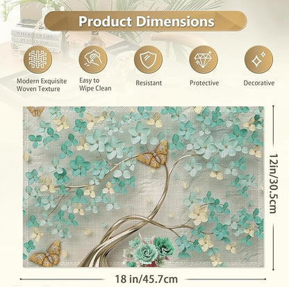 Golden Butterfly and Green Flowers Place Mats Set of 6, Table Mats,Heat Insulation Non Slip Washable Dining Placemats for Wedding Holiday Party Kitchen Decor 12X18 in