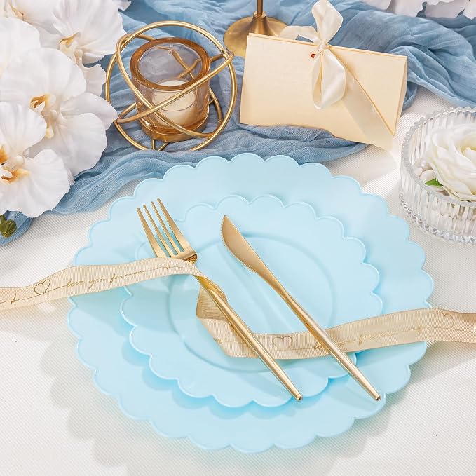 100Pcs Blue Scalloped Plastic Plates Set - Image 4