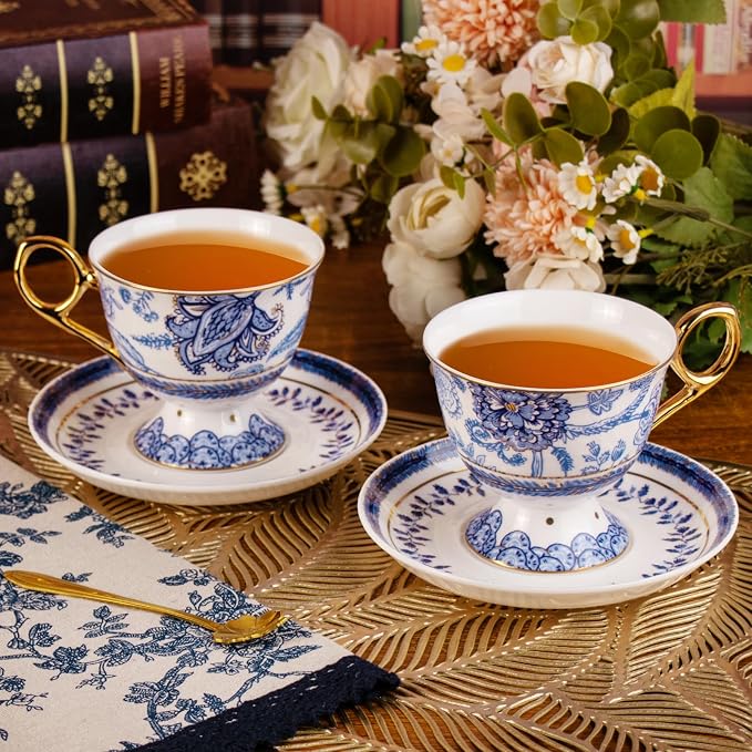 KAMMAK Tea Cups and Saucers Set of 2, Fine Bone China Coffee Cups, 572N | - Image 2