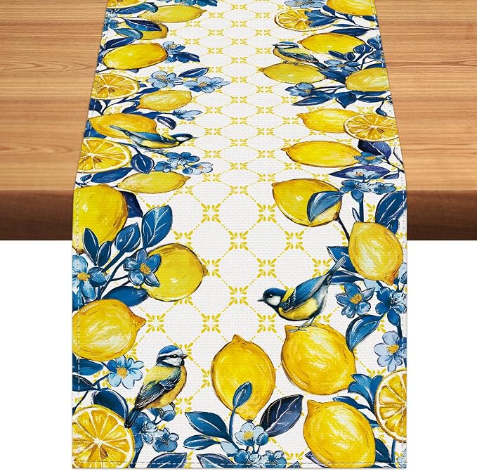 Summer Lemon Bird Table Runner Spring Blue Flowers Burlap Table Runners by BEAUTYROMANCEFORYOURLIFE