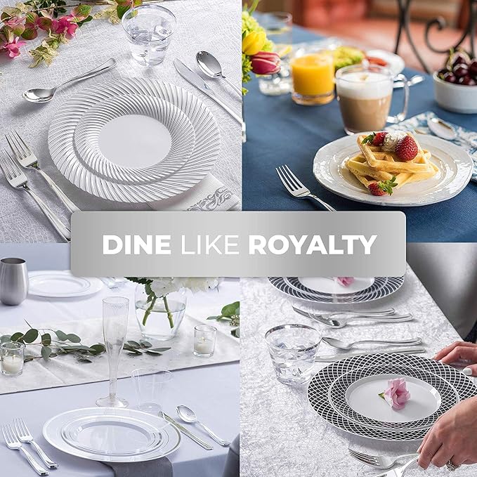 125-Piece White and Silver Fancy Plastic Plates Disposable - Image 2