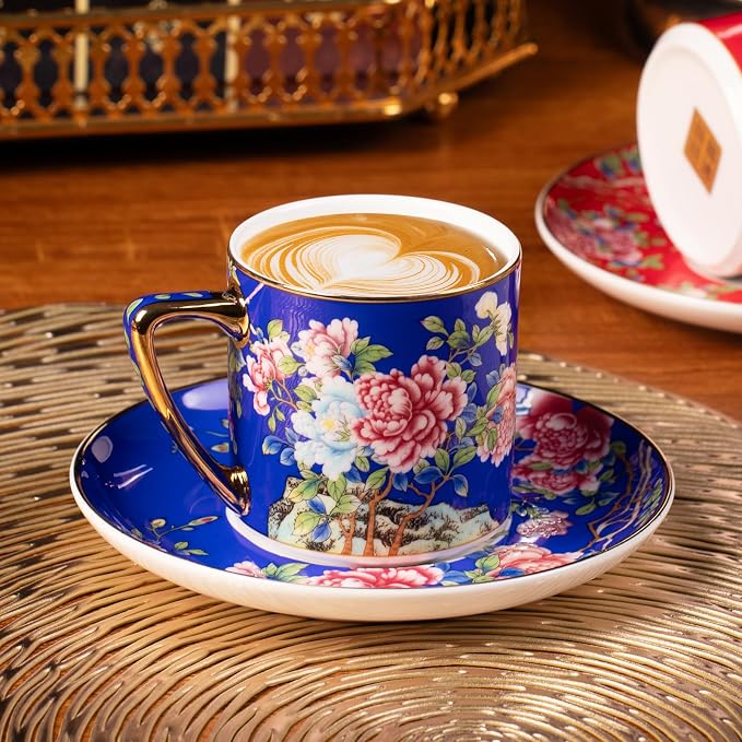 KAMMAK Tea Cup and Saucer, Ceramic Coffee Cups, 7.4 oz, Afternoon Tea and - Image 3