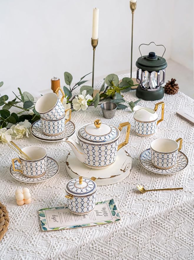 7 Oz Bone China Blue Tea Cup and Saucer Service - Image 6